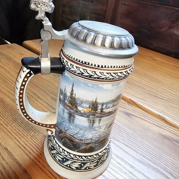 Vintage Fishing Man Ceramic Collectible Beer Stein with Fine Pewter Flip Lid - Picture 4 of 8